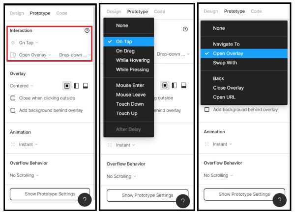 Image of Interaction setting selections for Prototype